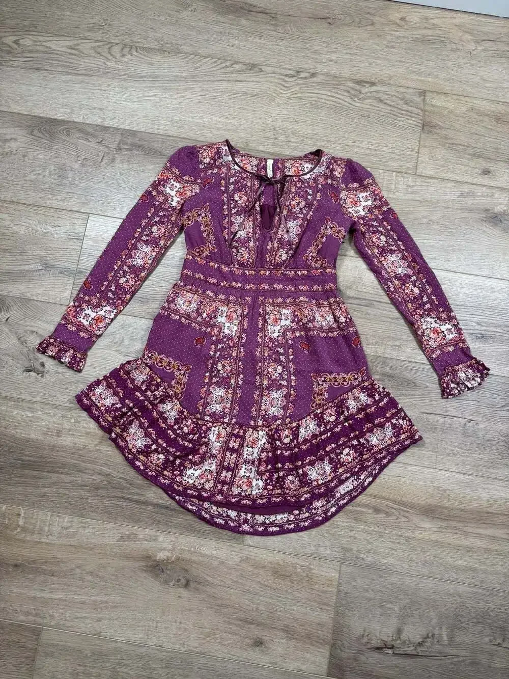 Free People Floral Boho Mini Dress Purple Long Sleeve Tie Neck XS